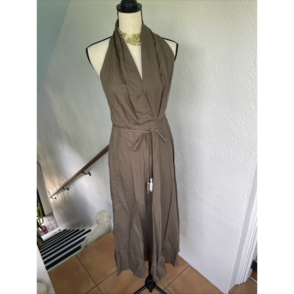 Zara NWT Midi Dress Womens Medium Brown Linen Blend Halter Backless Beach Boho